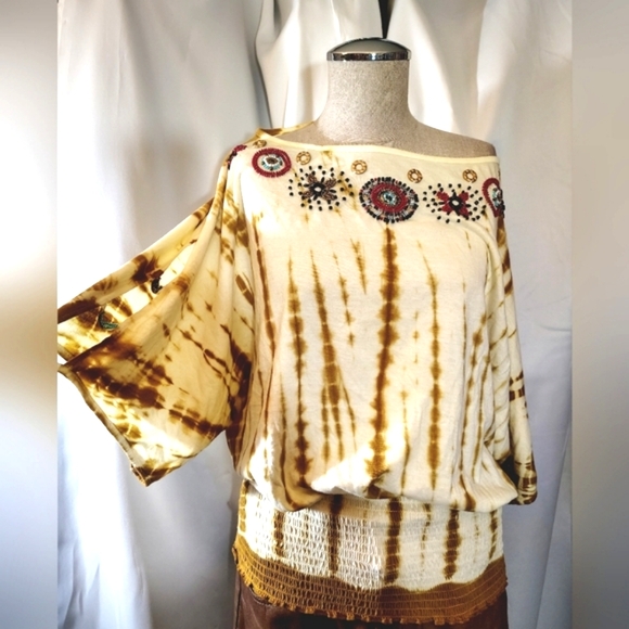 RXB Tie Dye Top,Women Tan/Ivory Beaded, Cut Out Winged Sleeves, Elastic Waist, S - Picture 1 of 10